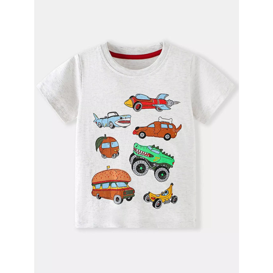 Children’s Cartoon Vehicle Print Crew Neck T-Shirt Light Gray / 2-3Y Apparel and Accessories