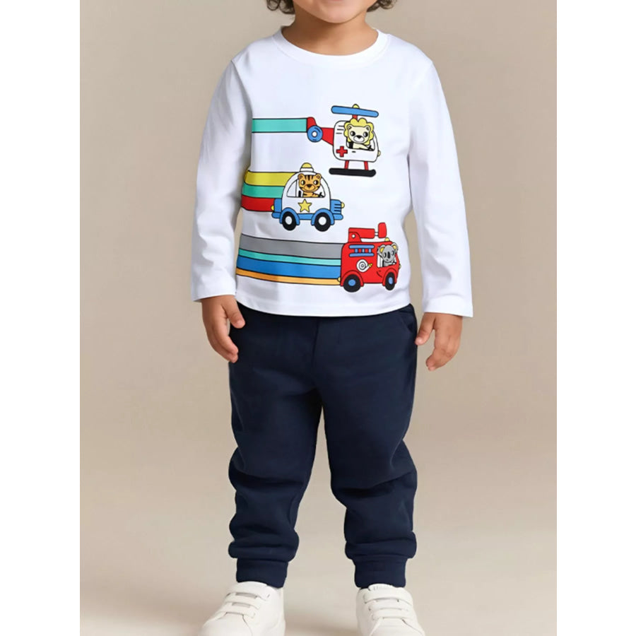 Children’s Cartoon Vehicle Print Long Sleeve T-Shirt White / 2Y Apparel and Accessories