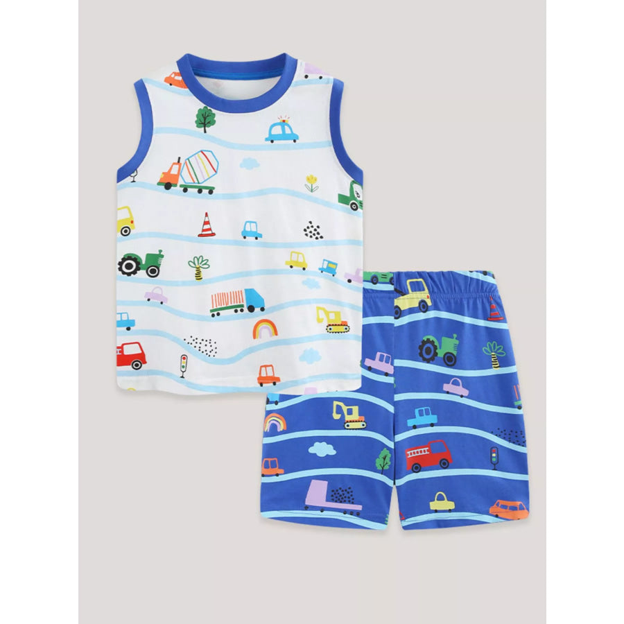 Children’s Cartoon Vehicle Print Sleeveless Top & Shorts Set Apparel and Accessories
