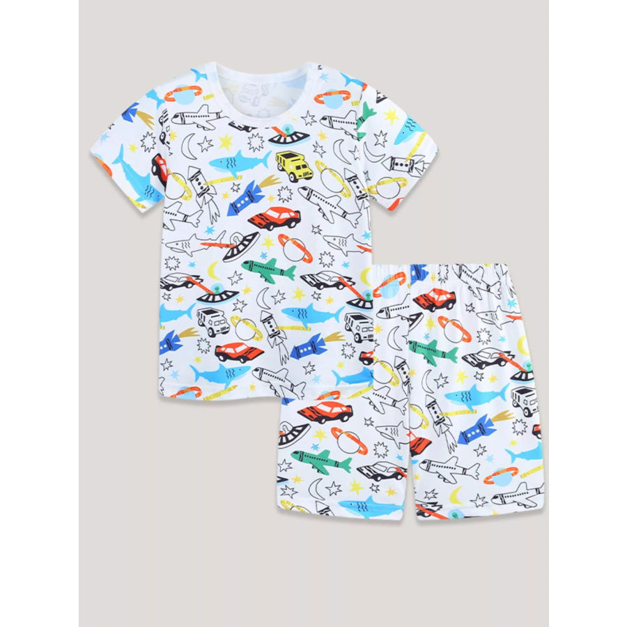 Children’s Cartoon Vehicle Print Tee and Shorts Set Apparel and Accessories