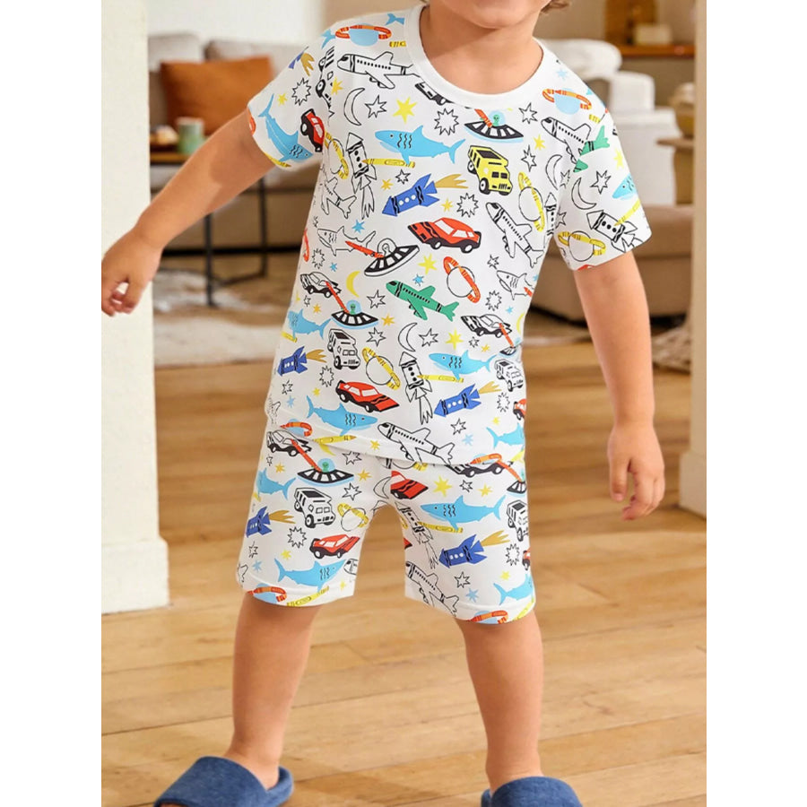 Children’s Cartoon Vehicle Print Tee and Shorts Set White / 3Y Apparel and Accessories