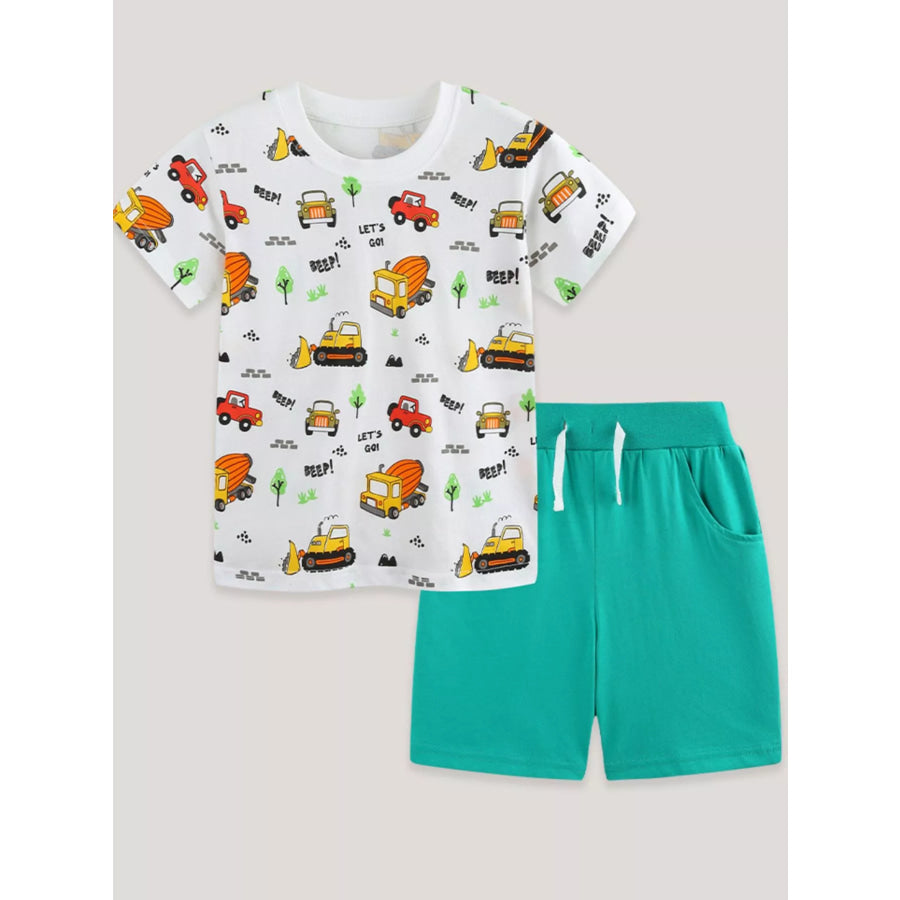 Children’s Cartoon Vehicle Print Tee & Shorts Set Apparel and Accessories