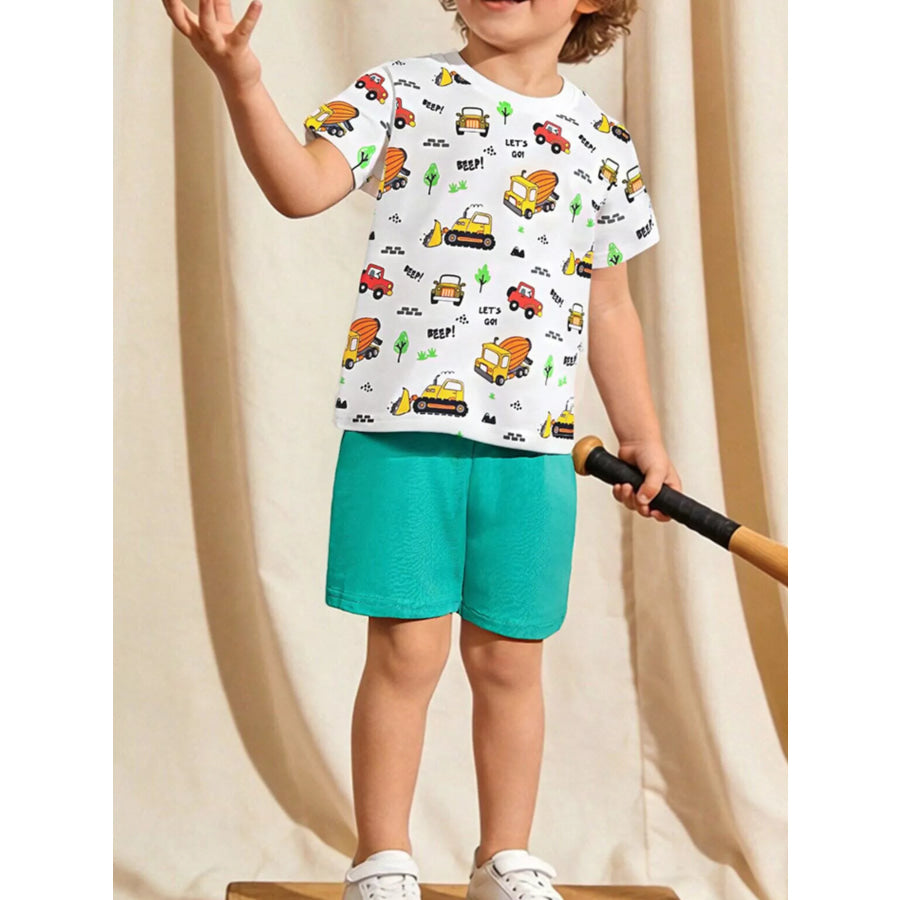 Children’s Cartoon Vehicle Print Tee & Shorts Set White / 2Y Apparel and Accessories