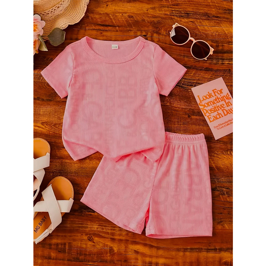 Children’s Casual Ribbed Knit Tee and Shorts Two-Piece Set Pink / 6-9M Apparel and Accessories