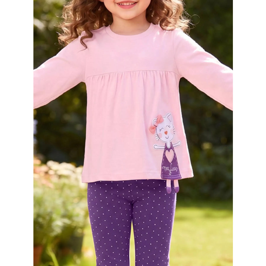 Children’s Cat Applique Long Sleeve Top and Polka Dot Leggings Set Apparel and Accessories