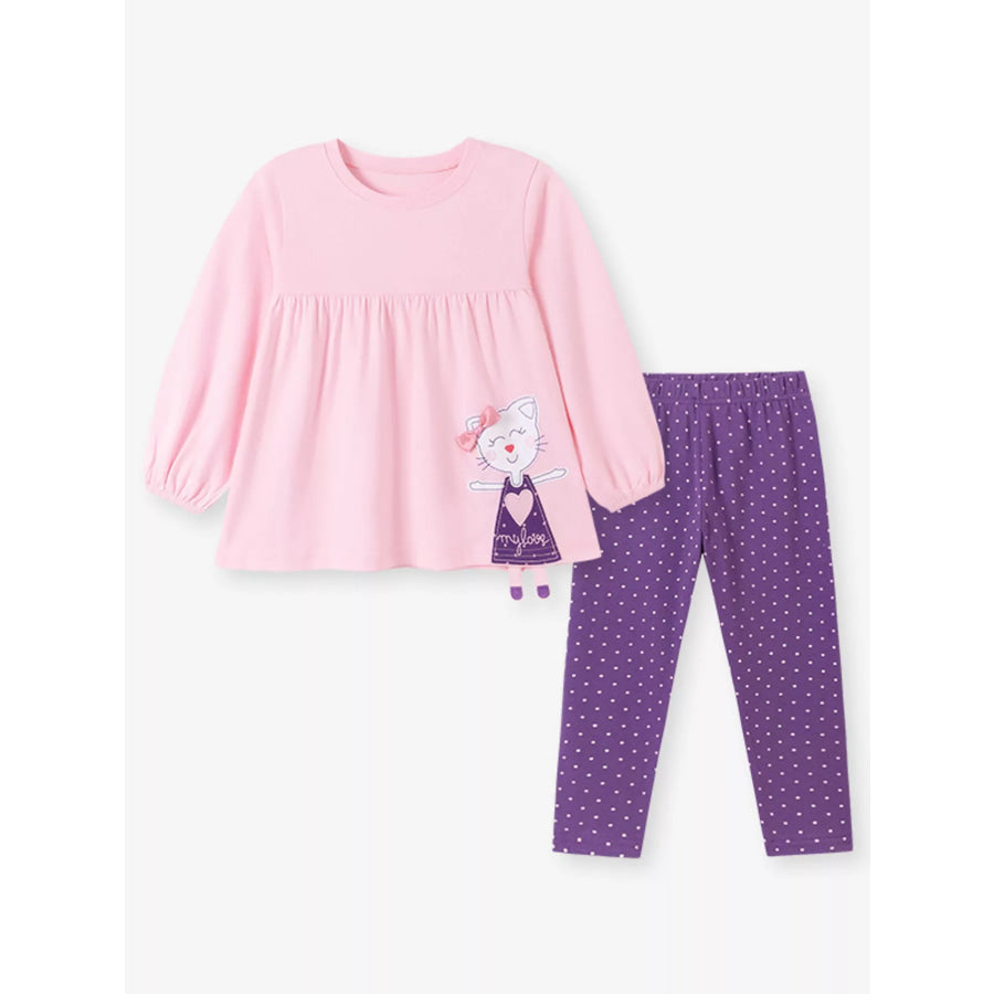 Children’s Cat Applique Long Sleeve Top and Polka Dot Leggings Set Pink Purple / 2Y Apparel and Accessories