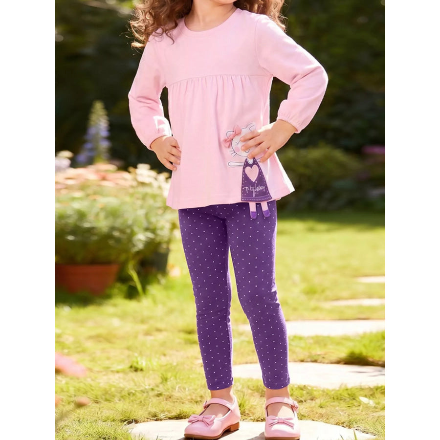 Children’s Cat Applique Long Sleeve Top and Polka Dot Leggings Set Pink Purple / 2Y Apparel and Accessories
