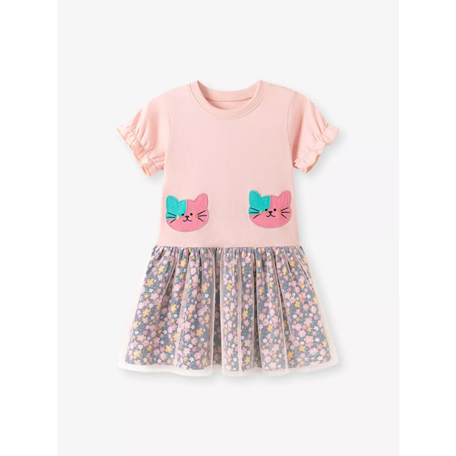 Children’s Cat Embroidered Floral Tulle Dress Blush Pink / 2Y Apparel and Accessories
