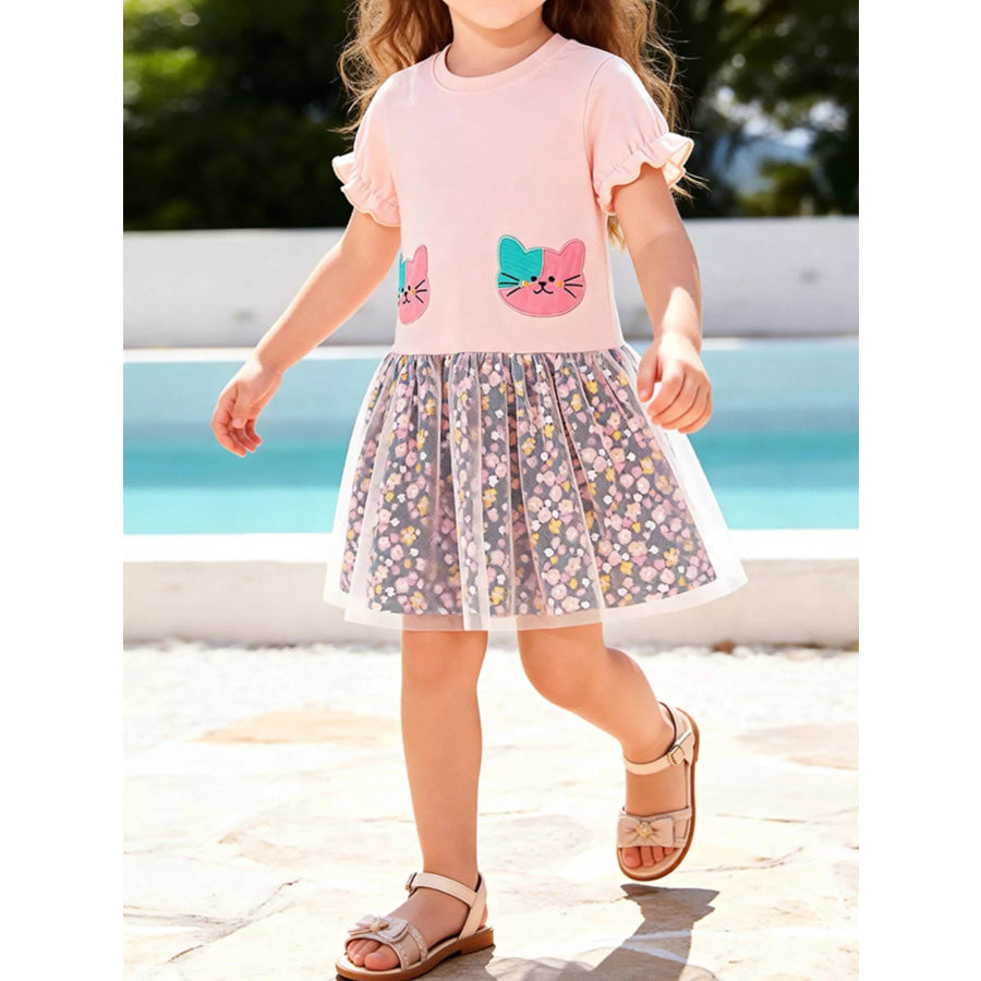 Children’s Cat Embroidered Floral Tulle Dress Blush Pink / 2Y Apparel and Accessories