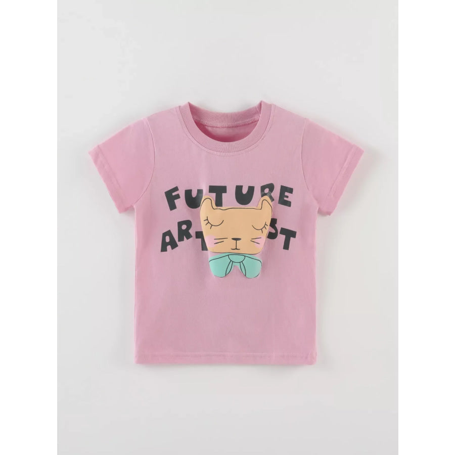 Children’s Cat Graphic Round Neck T-Shirt Pink / 2-3 Apparel and Accessories