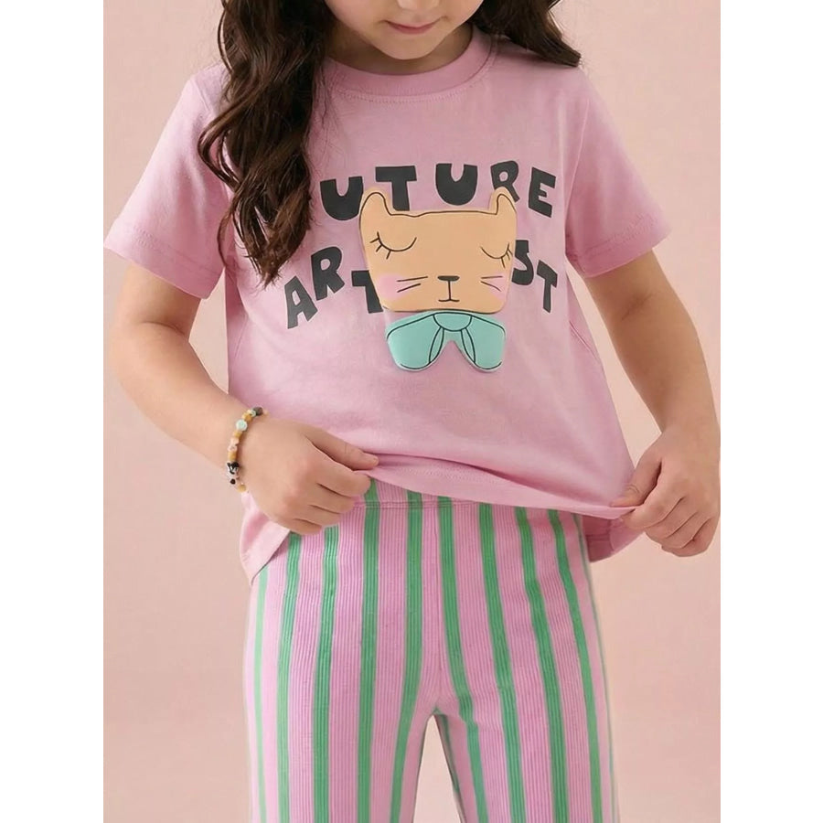 Children’s Cat Graphic Round Neck T-Shirt Pink / 2-3 Apparel and Accessories