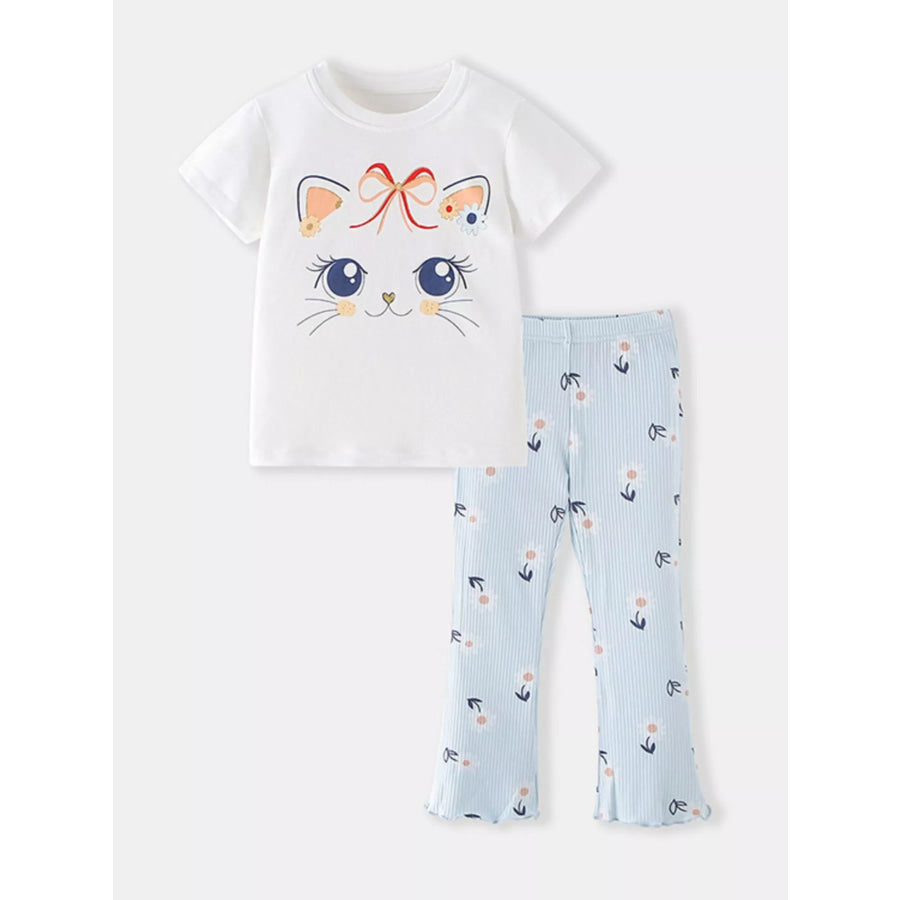 Children’s Cat Graphic Tee & Floral Pants Set White / 2-3Y Apparel and Accessories