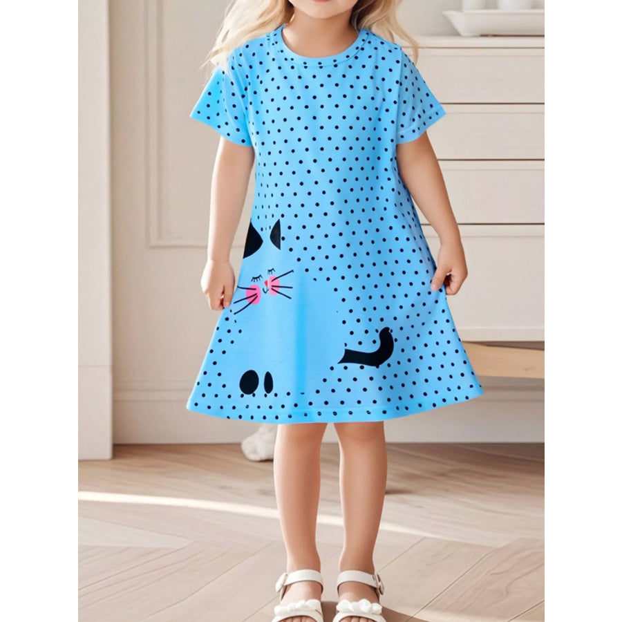 Children’s Cat Polka Dot Casual Dress Sky Blue / 2Y Apparel and Accessories