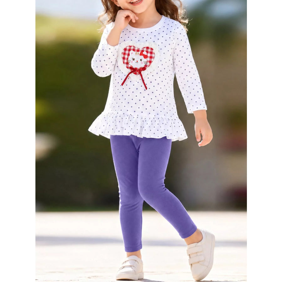 Children’s Cat Polka Dot Peplum Top and Solid Leggings Set White / 2Y Apparel and Accessories