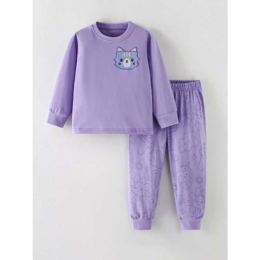 Children’s Cat Round Neck Sweatshirt and Pants Set Lavender / 3T Apparel Accessories
