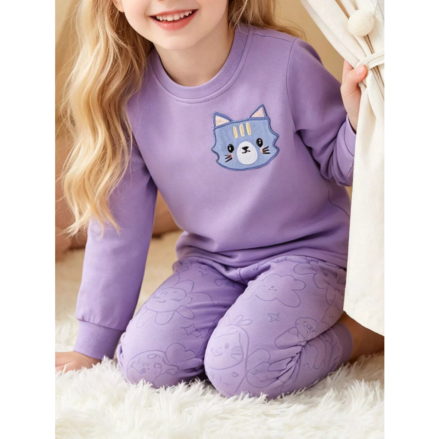 Children’s Cat Round Neck Sweatshirt and Pants Set Lavender / 3T Apparel Accessories