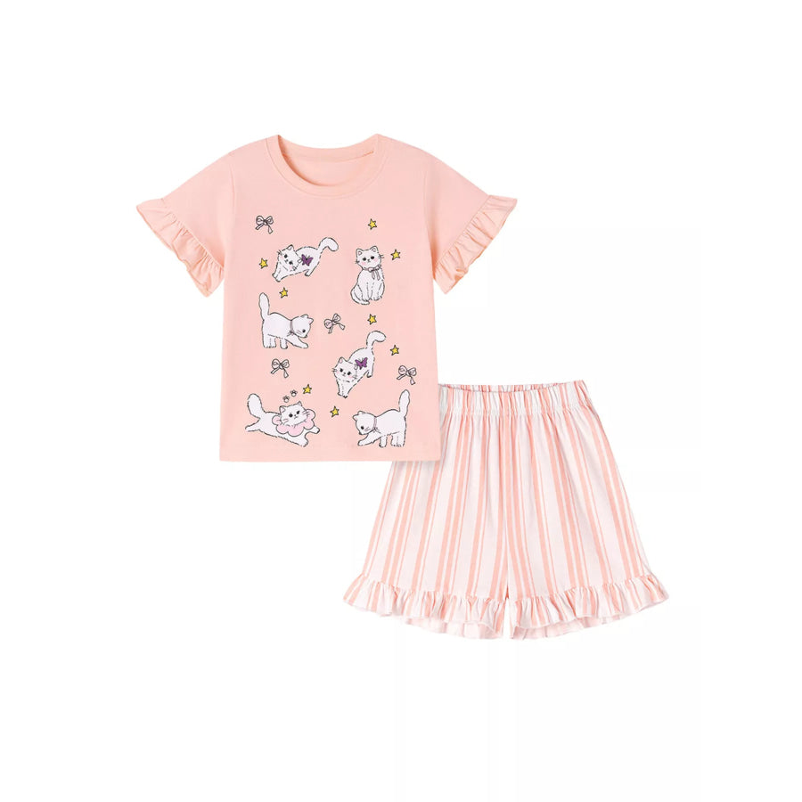 Children’s Cat Round Neck Tee and Shorts Set Apparel and Accessories
