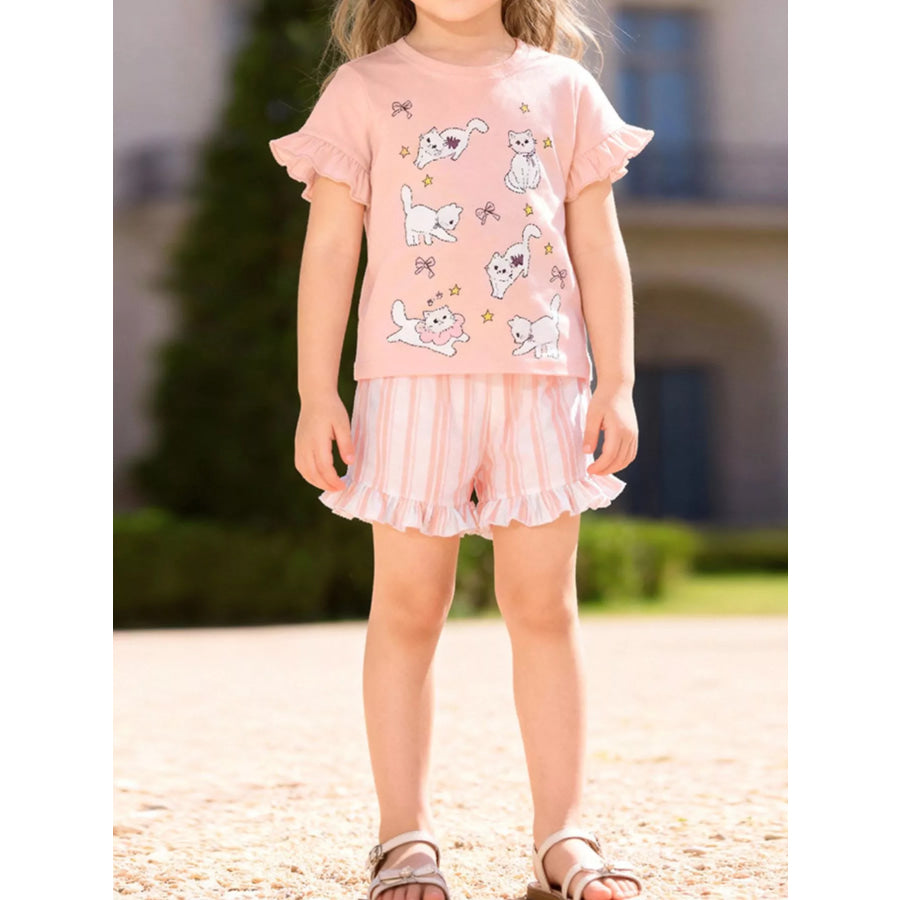 Children’s Cat Round Neck Tee and Shorts Set Watermelon pink / 2Y Apparel and Accessories