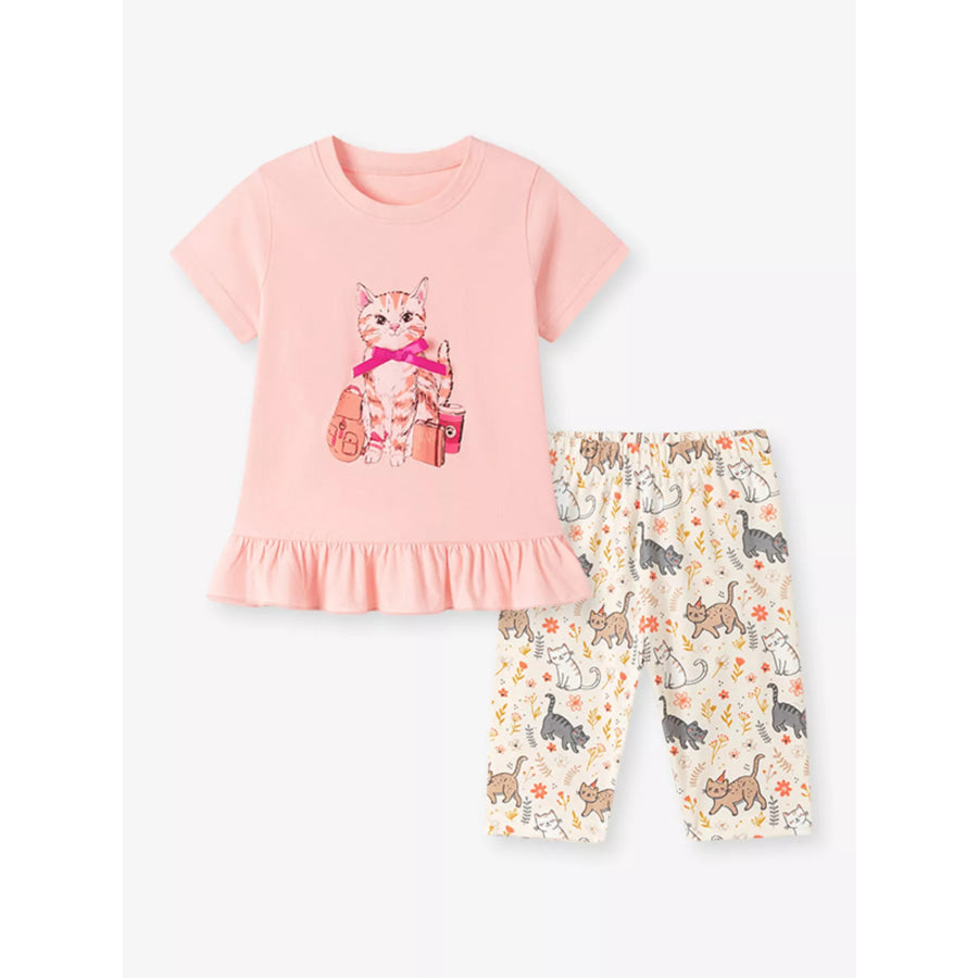 Children’s Cat Ruffled Hem Tee and Shorts Set Watermelon pink / 2Y Apparel and Accessories