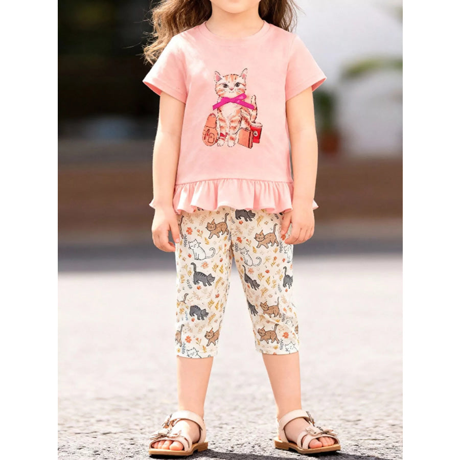 Children’s Cat Ruffled Hem Tee and Shorts Set Watermelon pink / 2Y Apparel and Accessories