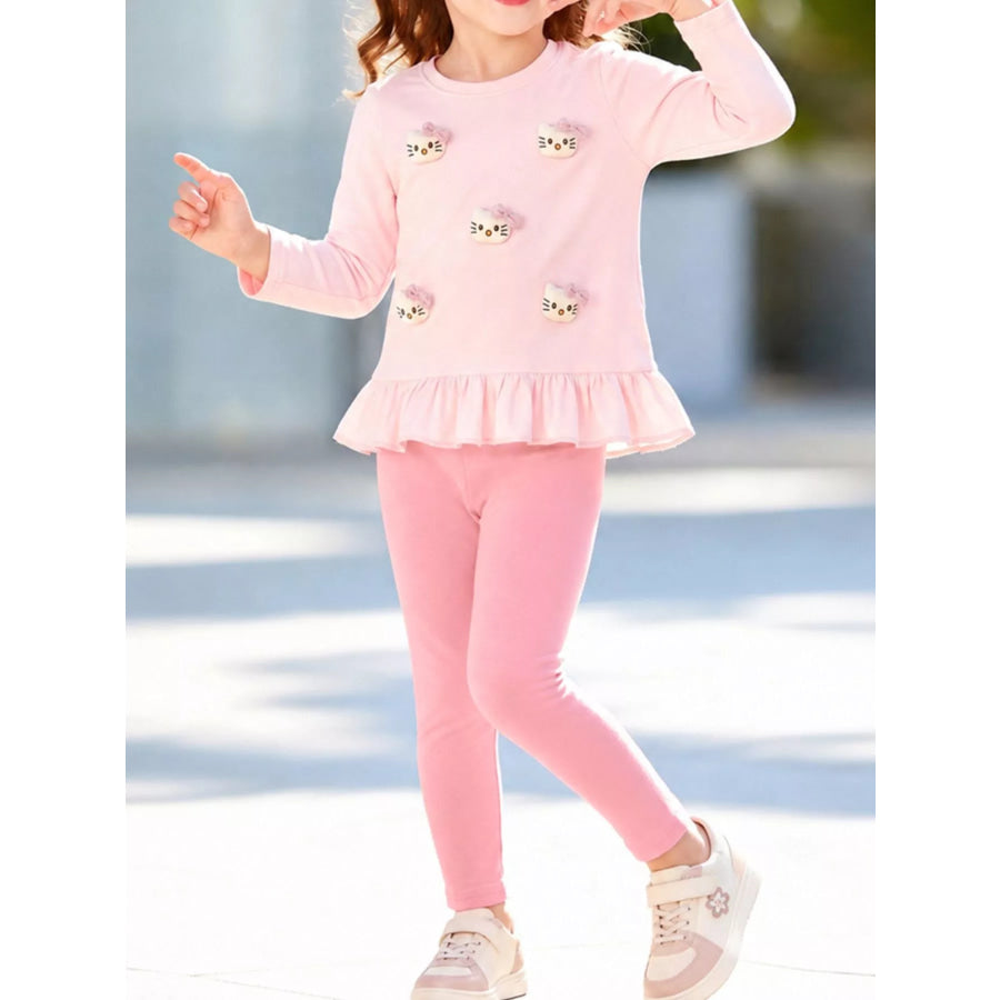 Children’s Cat Ruffled Hem Top and Leggings Set Blush Pink / 2Y Apparel Accessories