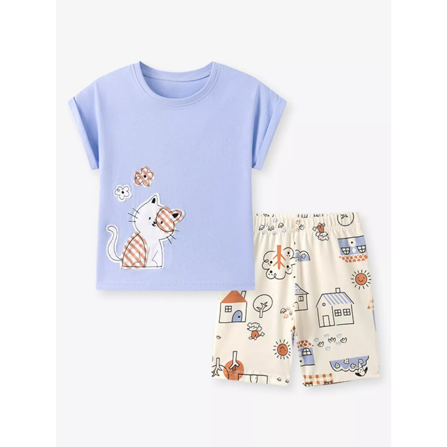 Children’s Cat T-shirt and Shorts Set Light Blue / 5Y Apparel and Accessories