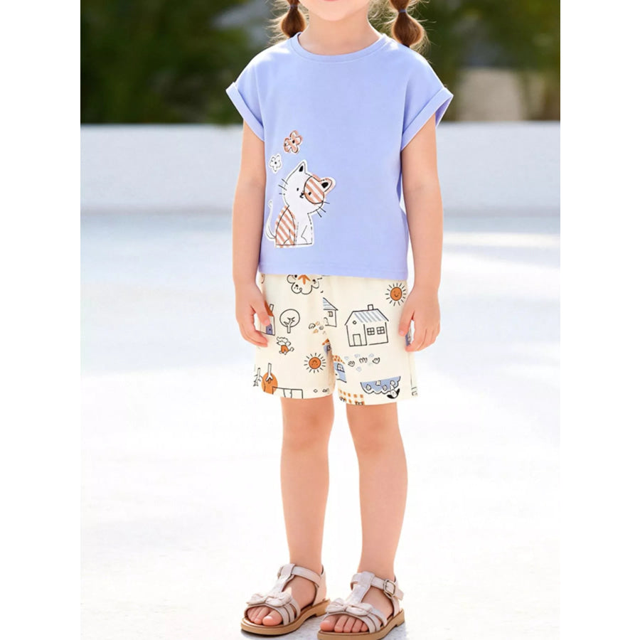 Children’s Cat T-shirt and Shorts Set Light Blue / 5Y Apparel and Accessories