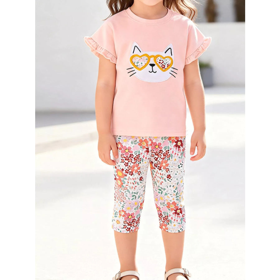 Children’s Cat Top and Floral Capri Set Watermelon pink / 2Y Apparel and Accessories