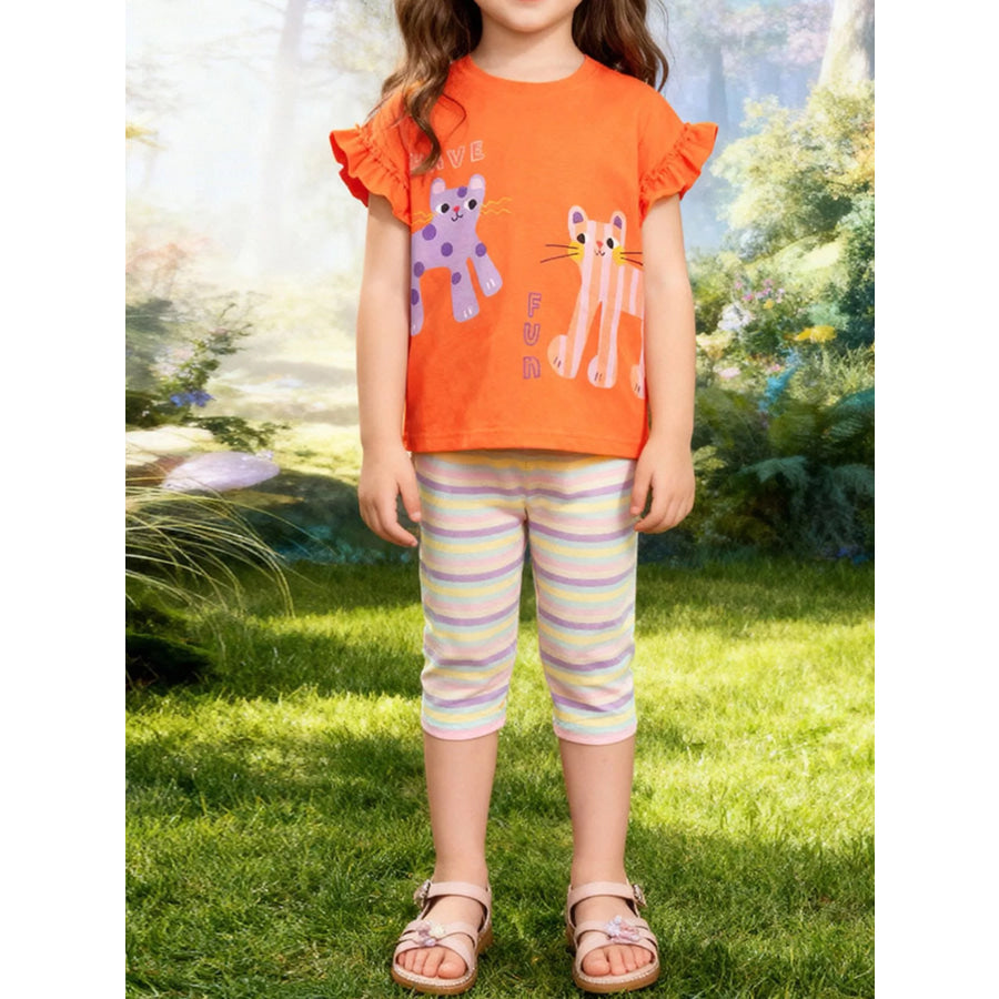 Children’s Cats Graphic Tee & Striped Capri Set Orange / 2Y Apparel and Accessories