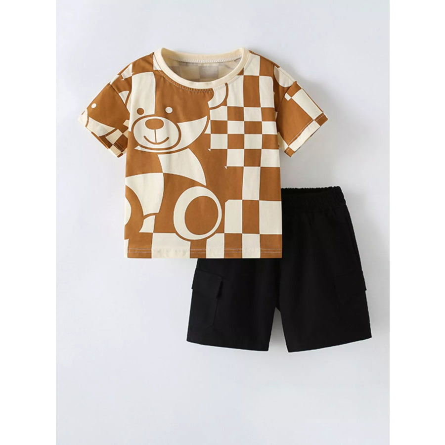 Children’s Checkerboard Bear Print Casual Kids Set Caramel / 3Y Apparel and Accessories