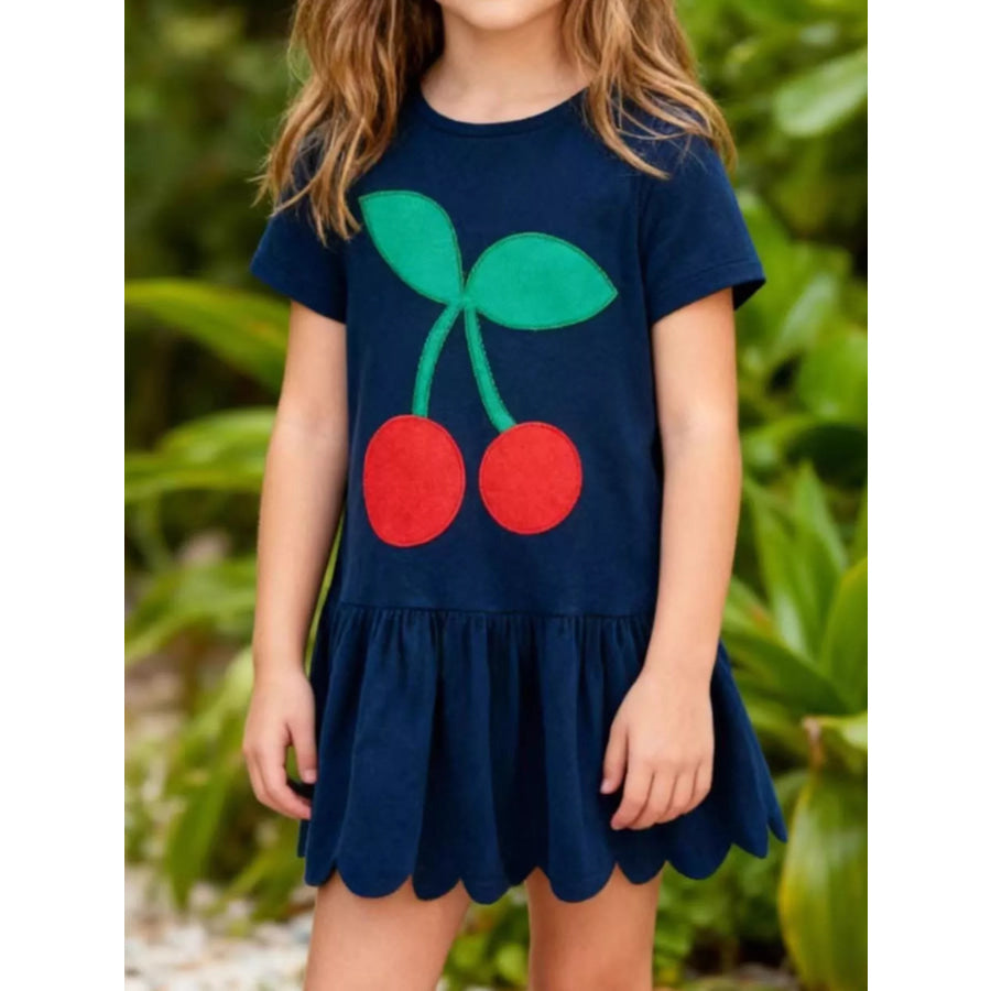 Children’s Cherry Applique Ruffle Hem Dress Dark Navy / 2T Apparel and Accessories