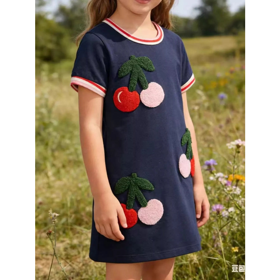Children’s Cherry Applique Short Sleeve Dress Dark Navy / 2T Apparel and Accessories