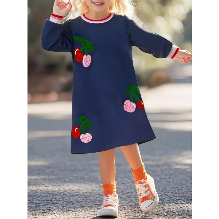 Children’s Cherry Appliqued Long Sleeve Dress Dark Navy / 2Y Apparel and Accessories
