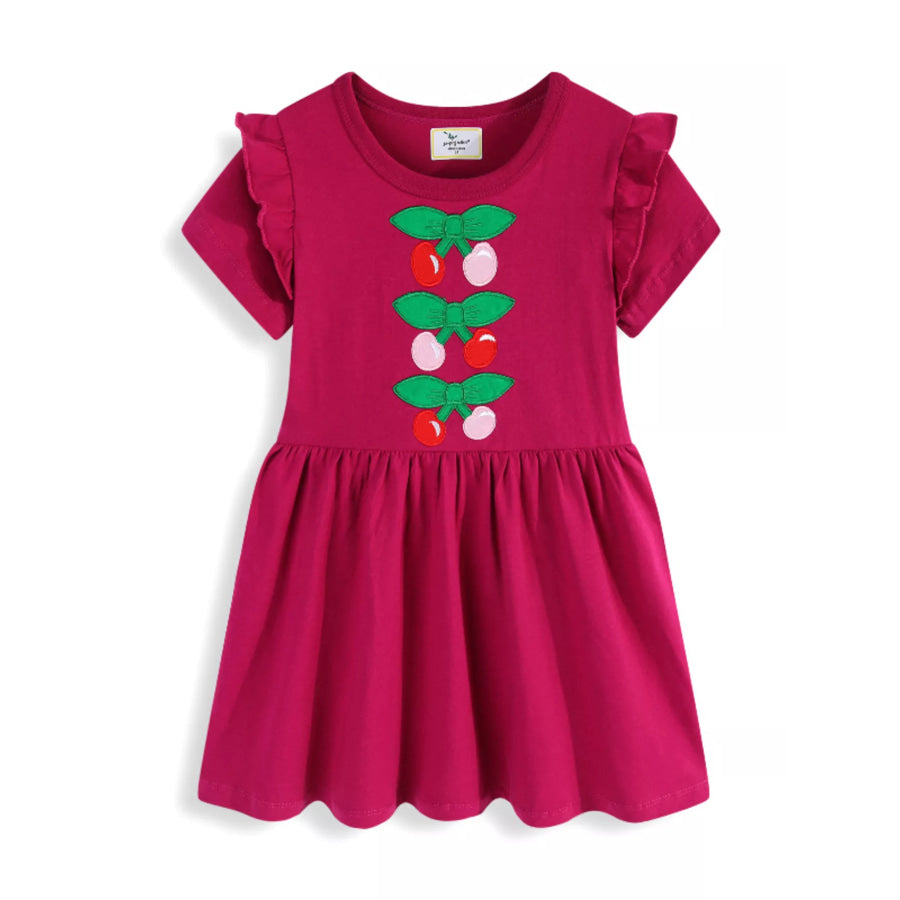 Children’s Cherry Bowknot Applique Ruffle Sleeve Casual Dress Deep Red / 2T Apparel and Accessories