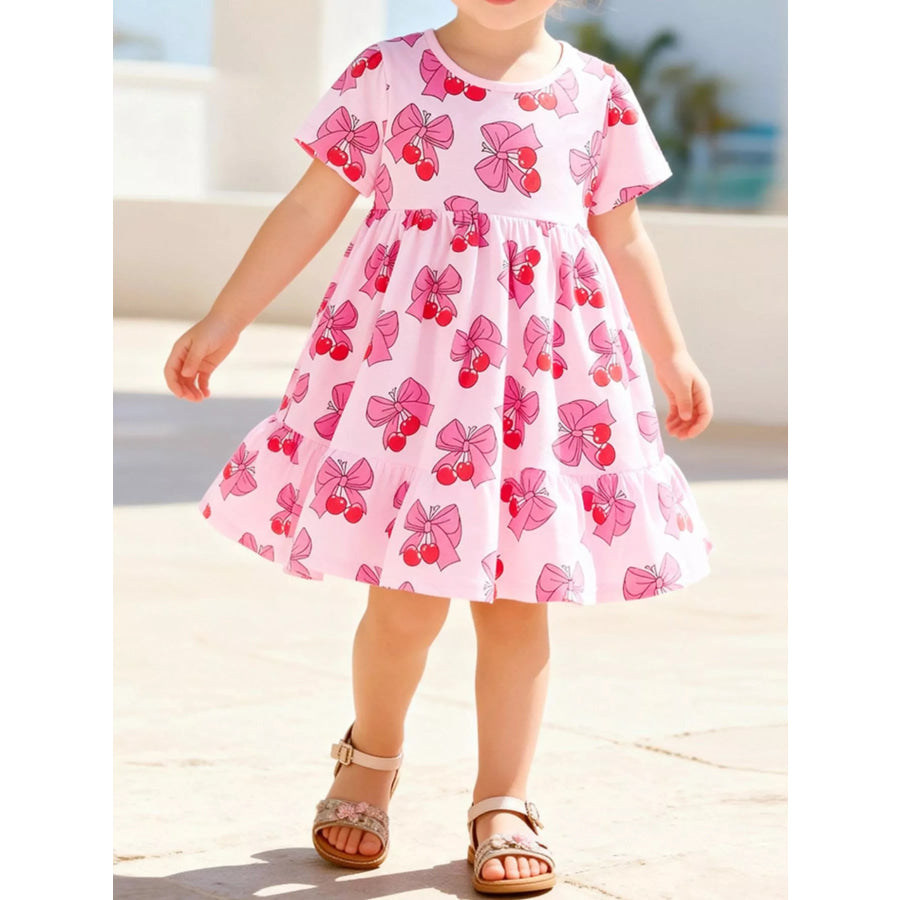 Children’s Cherry Bowknot Print Ruffle Hem Dress Pink / 2Y Apparel and Accessories