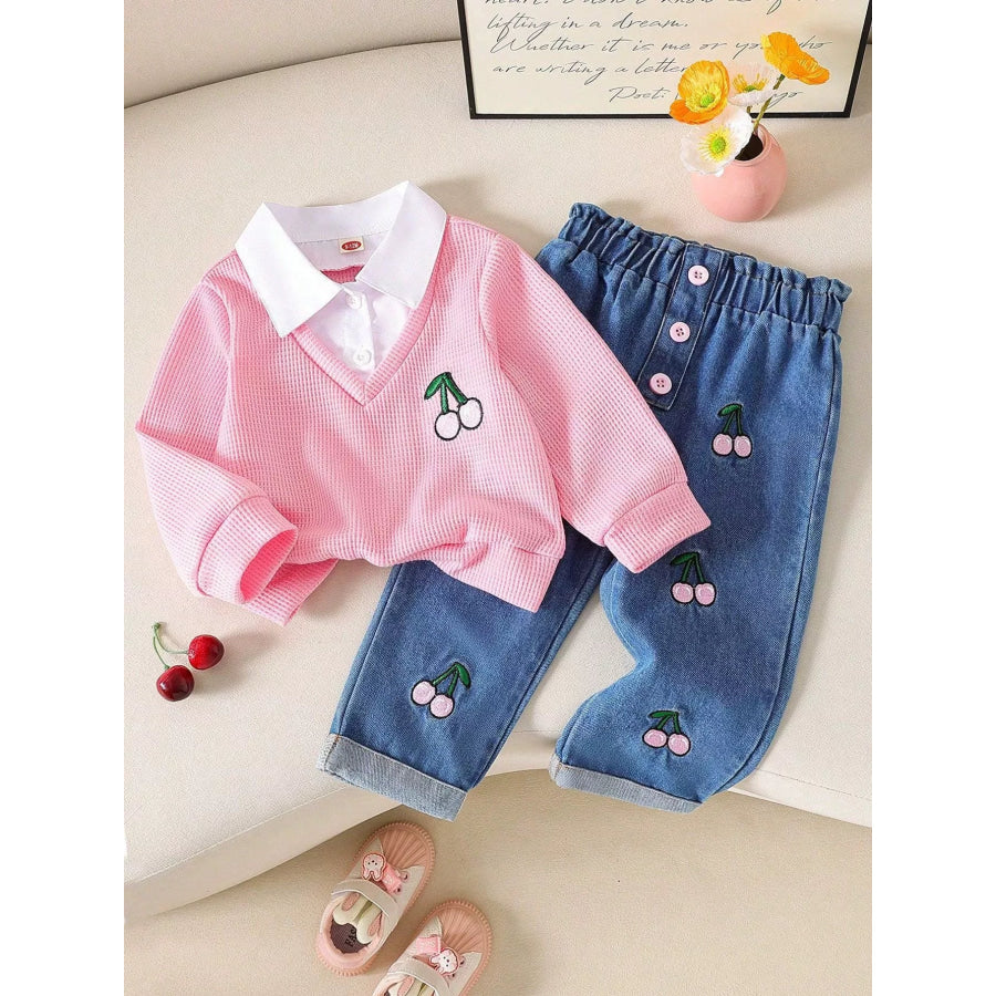 Children’s Cherry Embroidered Knit Top and Jeans Set Pink / 6-9M Apparel and Accessories