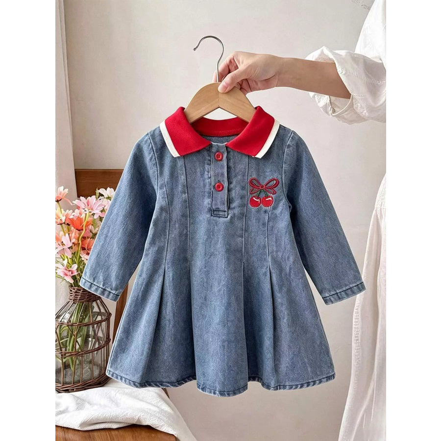 Children’s Cherry Embroidered Polo Dress Sea Blue / 3-6M Apparel and Accessories