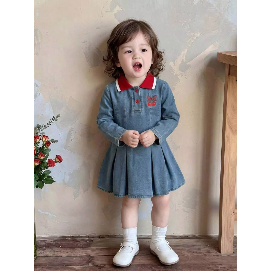Children’s Cherry Embroidered Polo Dress Sea Blue / 3-6M Apparel and Accessories
