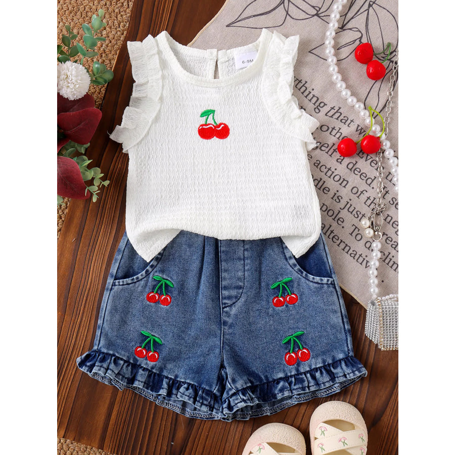 Children’s Cherry Embroidered Top and Denim Shorts Set White / 6-9M Apparel and Accessories