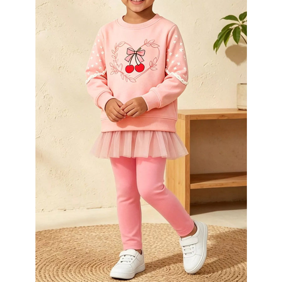 Children’s Cherry Graphic Tulle Sweatshirt and Leggings Set Apparel Accessories
