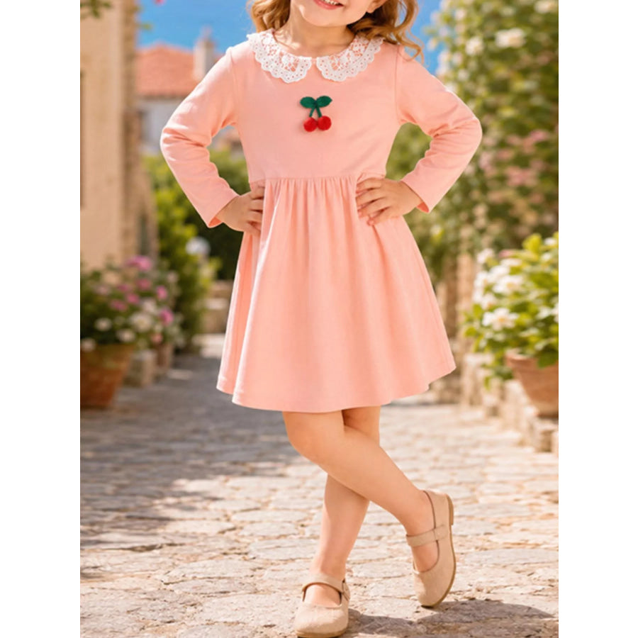 Children’s Cherry Lace Collar Long Sleeve Dress Watermelon pink / 2Y Apparel and Accessories