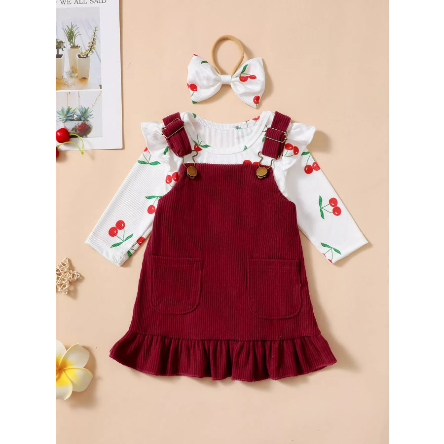 Children’s Cherry Print Bodysuit and Corduroy Dress Set Wine Red / 0-3M Apparel and Accessories