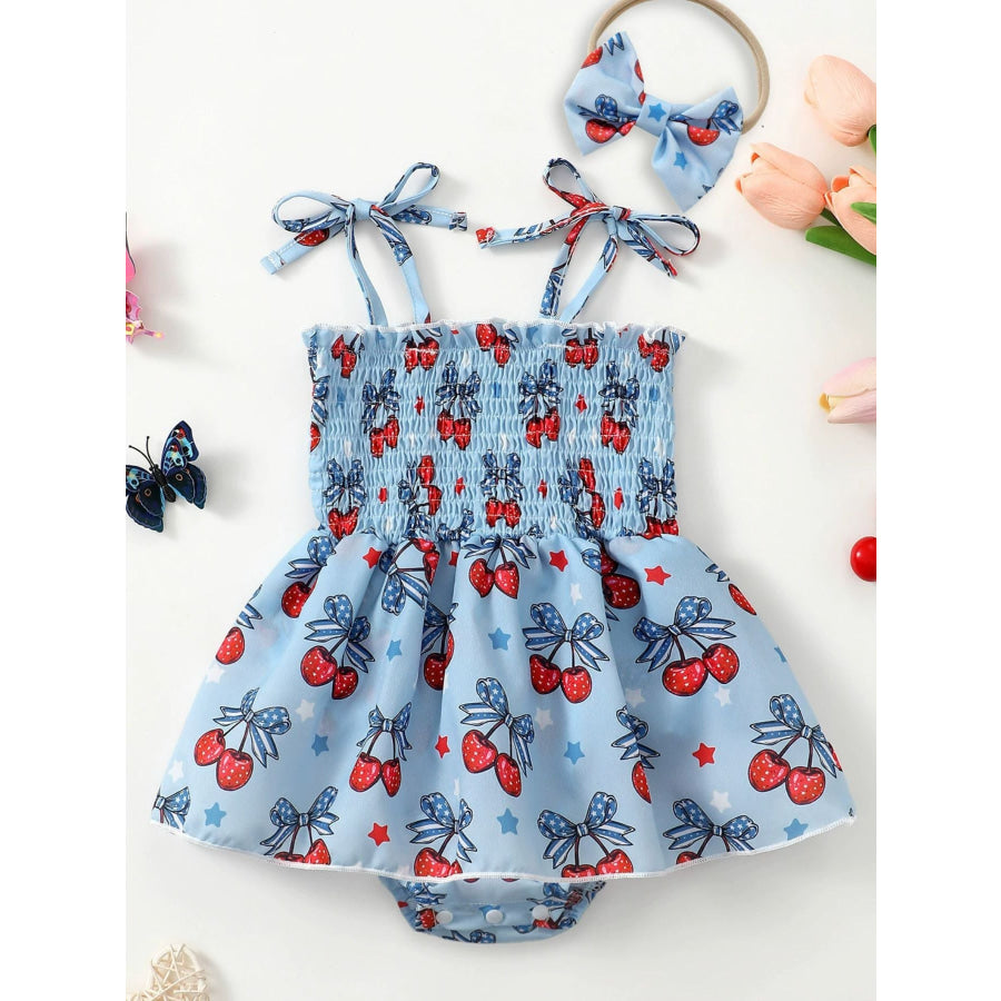Children’s Cherry Print Bodysuit Dress and Headband Set Dusty Blue / 0-3M Apparel and Accessories