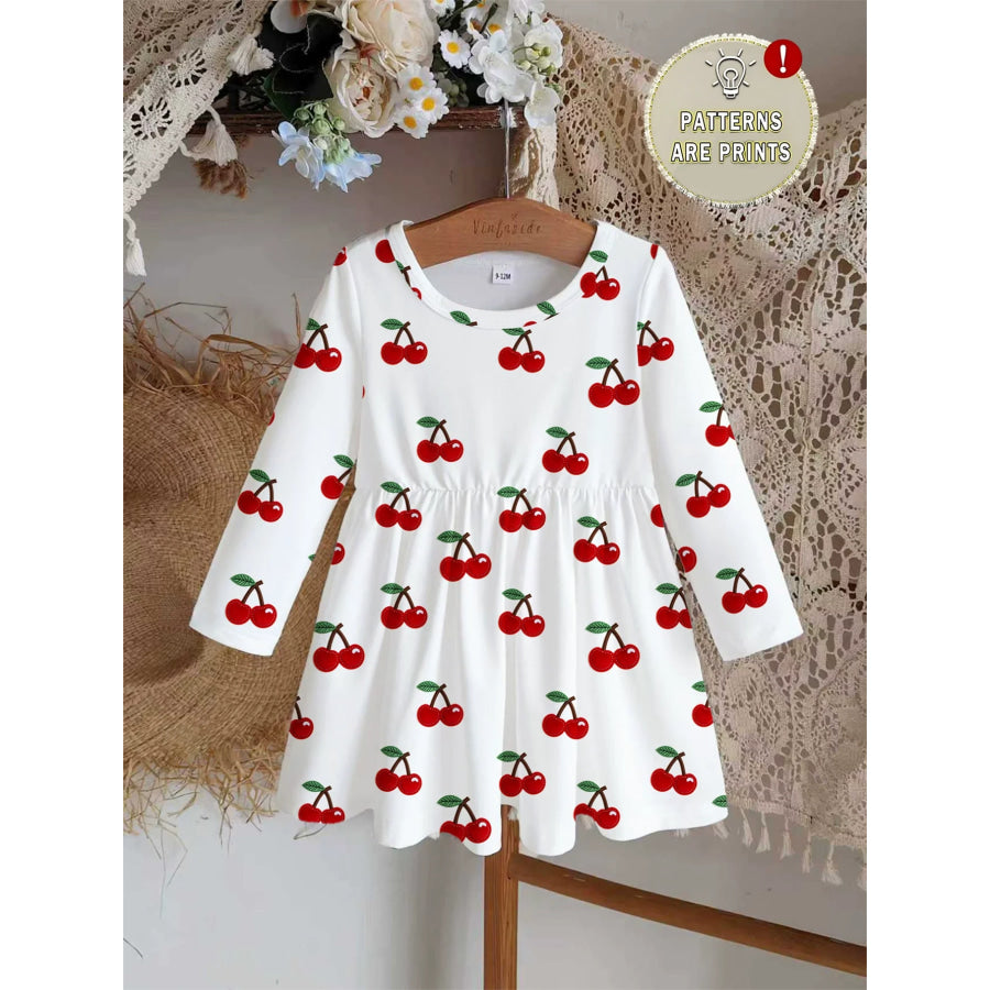 Children’s Cherry Print Long Sleeve Casual Dress Apparel and Accessories