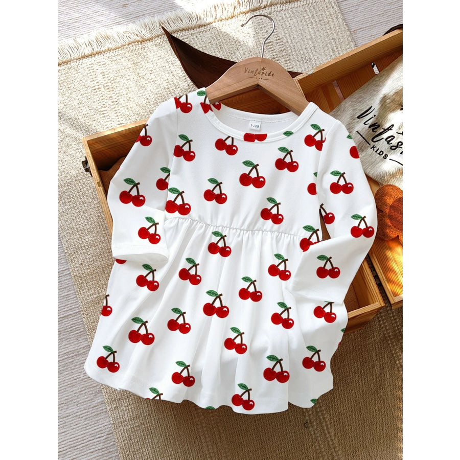 Children’s Cherry Print Long Sleeve Casual Dress White / 6-9M Apparel and Accessories