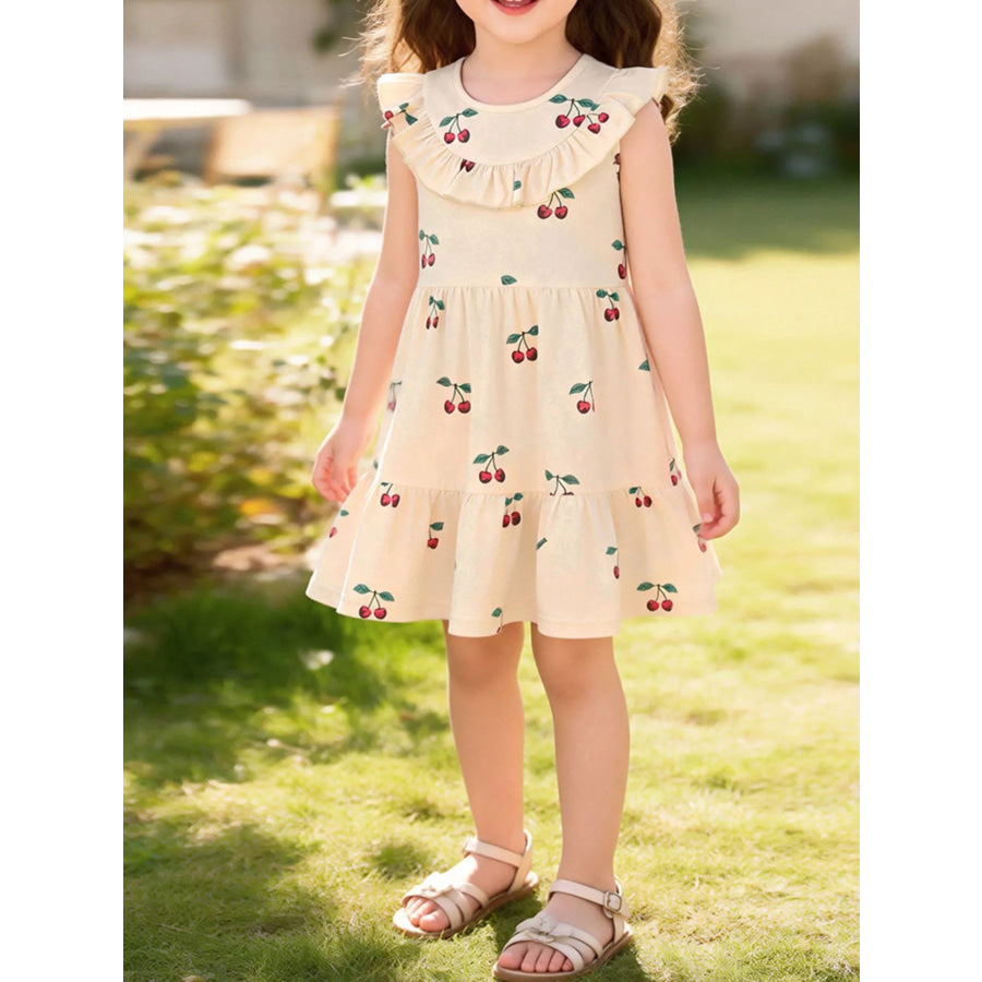 Children’s Cherry Print Ruffle Neck Dress Apricot / 2Y Apparel and Accessories