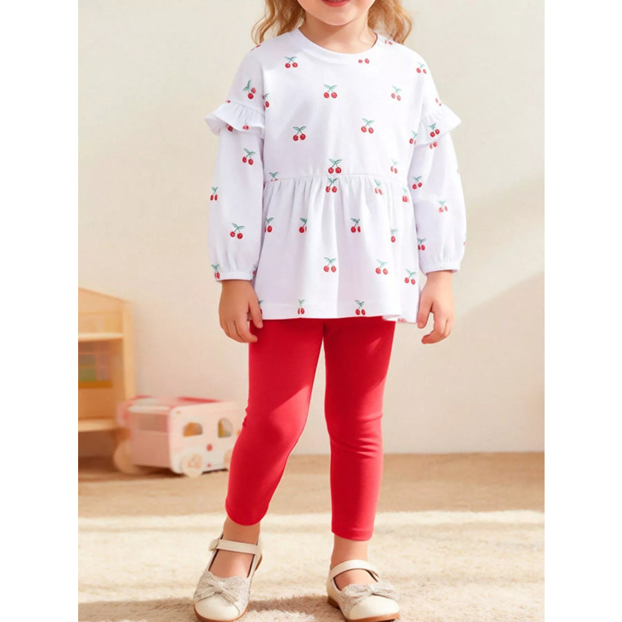 Children’s Cherry Print Ruffle Sleeve Top and Leggings Set Multicolor / 2Y Apparel and Accessories