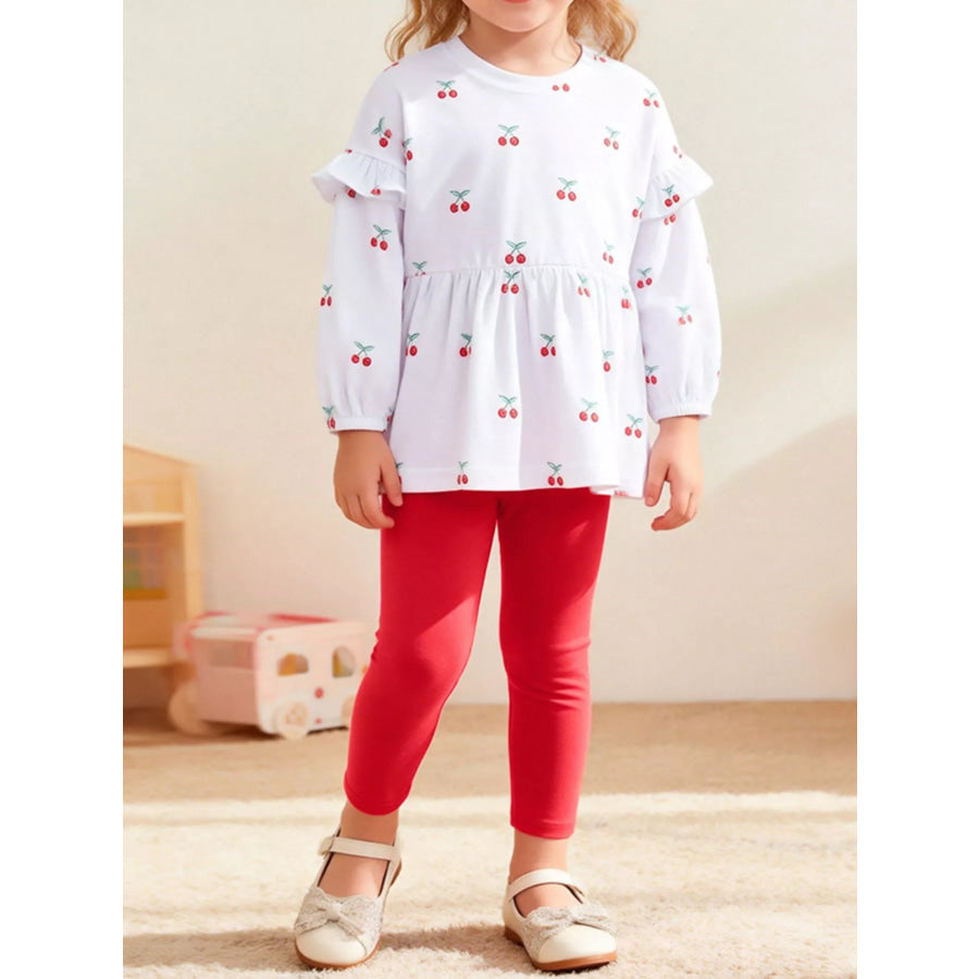Children’s Cherry Print Ruffle Sleeve Top and Leggings Set White / 2Y Apparel and Accessories