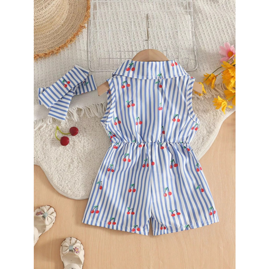 Children’s Cherry Print Striped Sleeveless Romper with Headband Apparel and Accessories