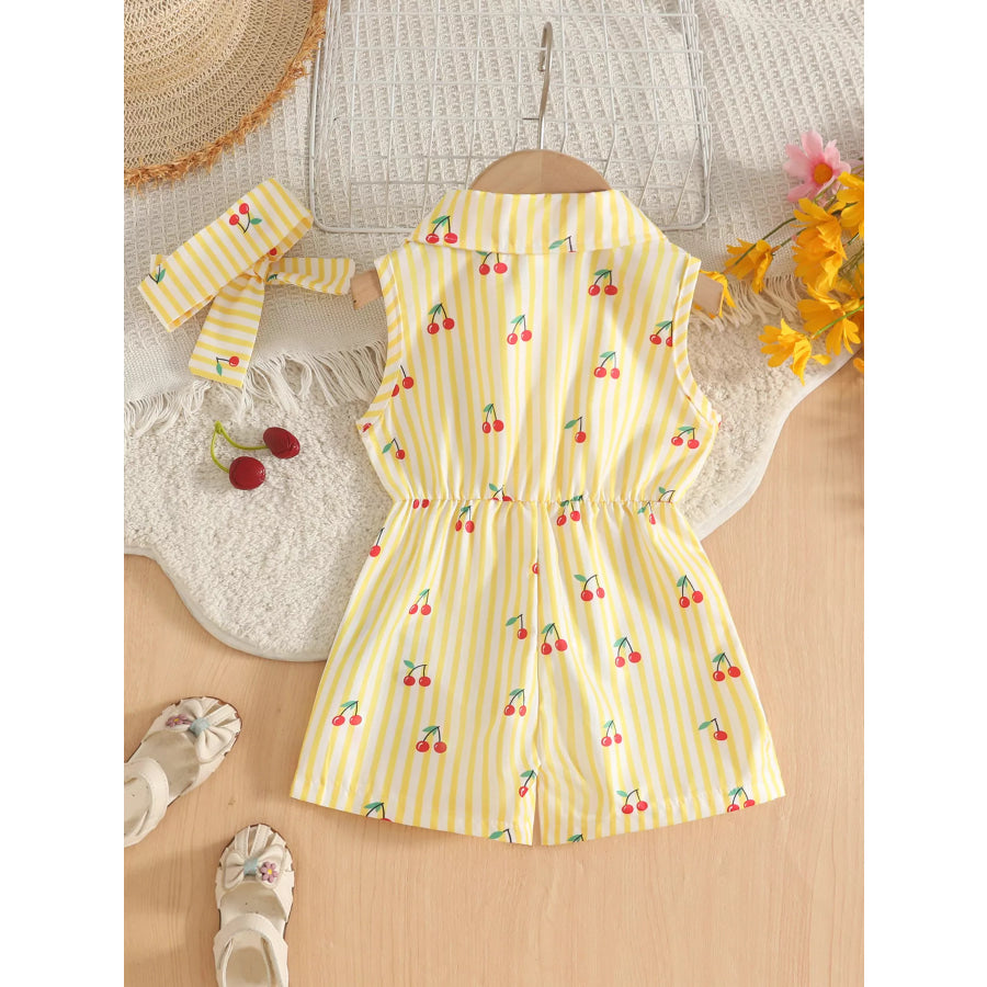 Children’s Cherry Print Striped Sleeveless Romper with Headband Apparel and Accessories